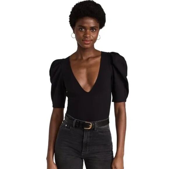 Free People Va Va Voop Black Puff Sleeve V-Neck Bodysuit - Picture 1 of 6